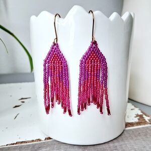 BOGO EARRINGS Vibrant Pink Beaded Fringe Earrings, 3"
